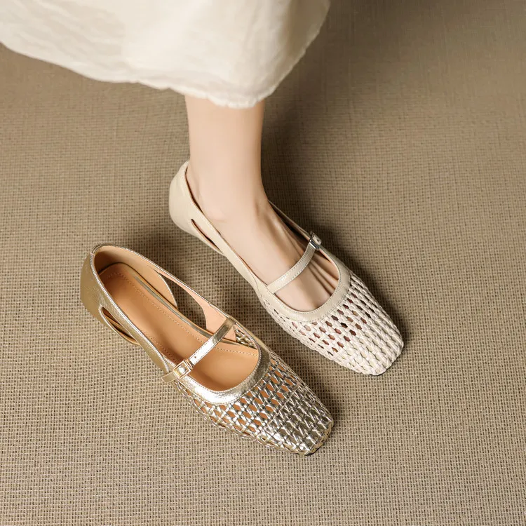 Spring/Summer Square-Toe Flats with Buckle, Hollowed-Out Sheepskin, Chunky Heel, Fashion Women's Shoes, 5-13k