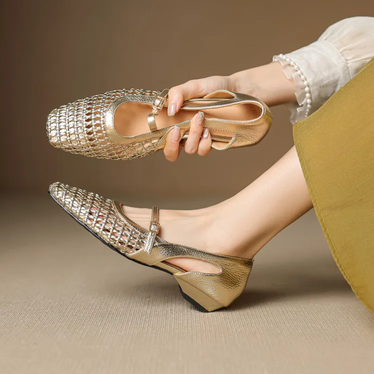 Spring/Summer Square-Toe Flats with Buckle, Hollowed-Out Sheepskin, Chunky Heel, Fashion Women's Shoes, 5-13k