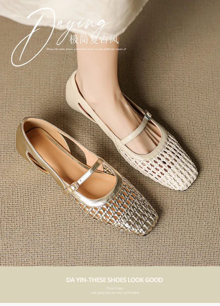 Spring/Summer Square-Toe Flats with Buckle, Hollowed-Out Sheepskin, Chunky Heel, Fashion Women's Shoes, 5-13k