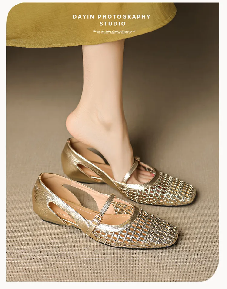 Spring/Summer Square-Toe Flats with Buckle, Hollowed-Out Sheepskin, Chunky Heel, Fashion Women's Shoes, 5-13k