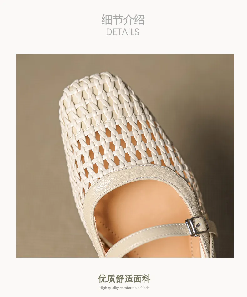 Spring/Summer Square-Toe Flats with Buckle, Hollowed-Out Sheepskin, Chunky Heel, Fashion Women's Shoes, 5-13k