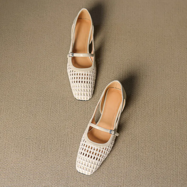 Spring/Summer Square-Toe Flats with Buckle, Hollowed-Out Sheepskin, Chunky Heel, Fashion Women's Shoes, 5-13k
