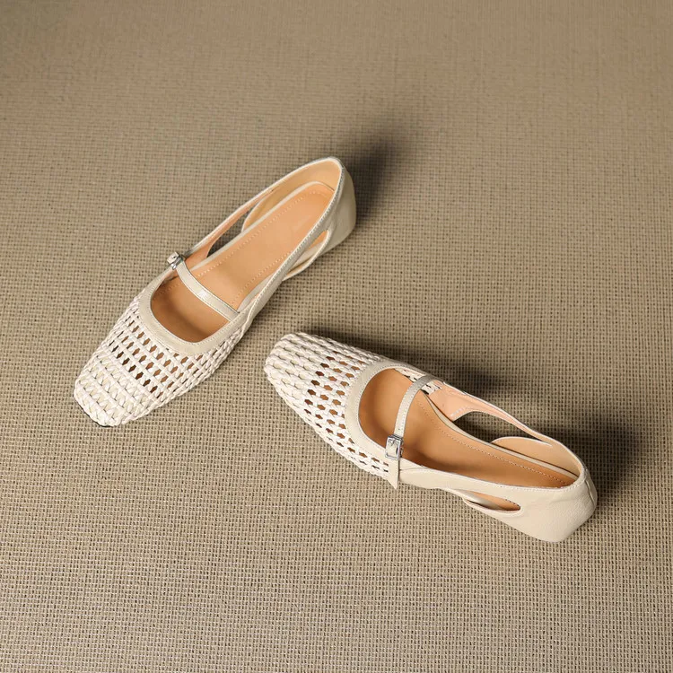 Spring/Summer Square-Toe Flats with Buckle, Hollowed-Out Sheepskin, Chunky Heel, Fashion Women's Shoes, 5-13k