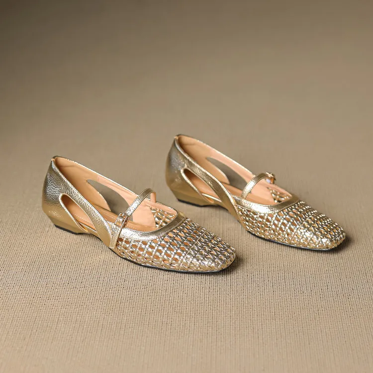 Spring/Summer Square-Toe Flats with Buckle, Hollowed-Out Sheepskin, Chunky Heel, Fashion Women's Shoes, 5-13k