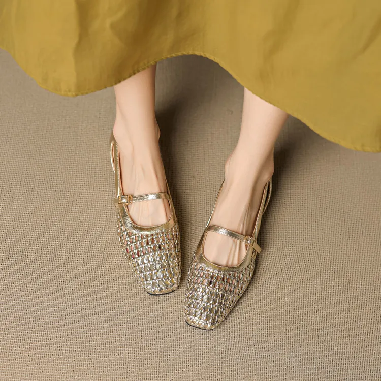 Spring/Summer Square-Toe Flats with Buckle, Hollowed-Out Sheepskin, Chunky Heel, Fashion Women's Shoes, 5-13k