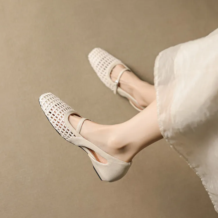 Spring/Summer Square-Toe Flats with Buckle, Hollowed-Out Sheepskin, Chunky Heel, Fashion Women's Shoes, 5-13k