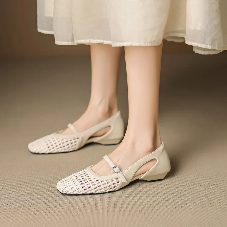 Spring/Summer Square-Toe Flats with Buckle, Hollowed-Out Sheepskin, Chunky Heel, Fashion Women's Shoes, 5-13k