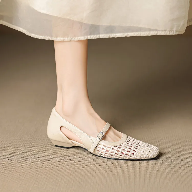 Spring/Summer Square-Toe Flats with Buckle, Hollowed-Out Sheepskin, Chunky Heel, Fashion Women's Shoes, 5-13k