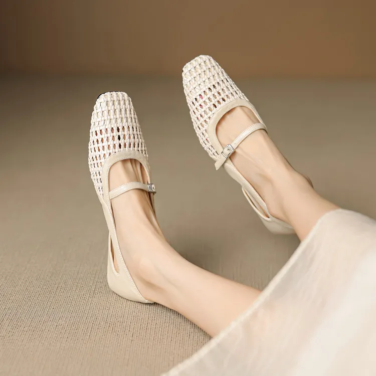 Spring/Summer Square-Toe Flats with Buckle, Hollowed-Out Sheepskin, Chunky Heel, Fashion Women's Shoes, 5-13k
