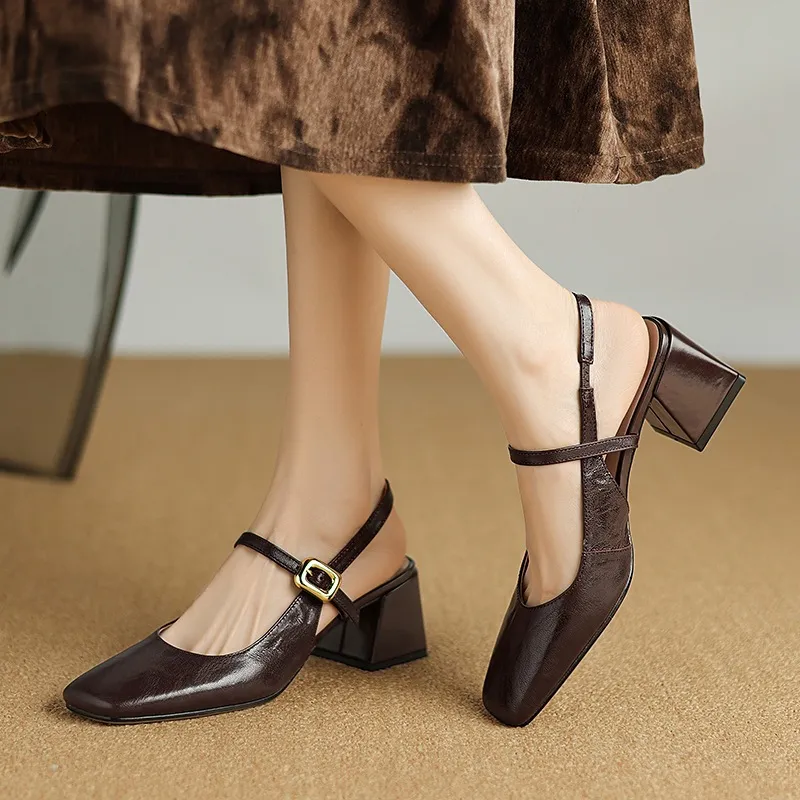 Secret Text Summer High-Heeled Top-Grain Cowhide Closed Toe Open Back Single Buckle Retro Sandals