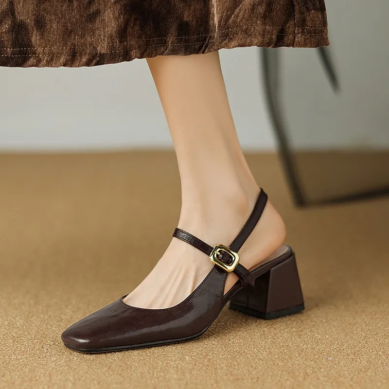 Secret Text Summer High-Heeled Top-Grain Cowhide Closed Toe Open Back Single Buckle Retro Sandals