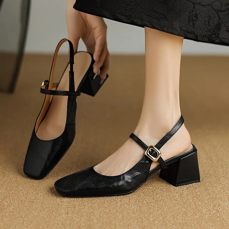 Secret Text Summer High-Heeled Top-Grain Cowhide Closed Toe Open Back Single Buckle Retro Sandals