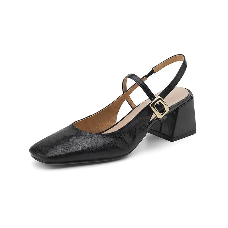Secret Text Summer High-Heeled Top-Grain Cowhide Closed Toe Open Back Single Buckle Retro Sandals