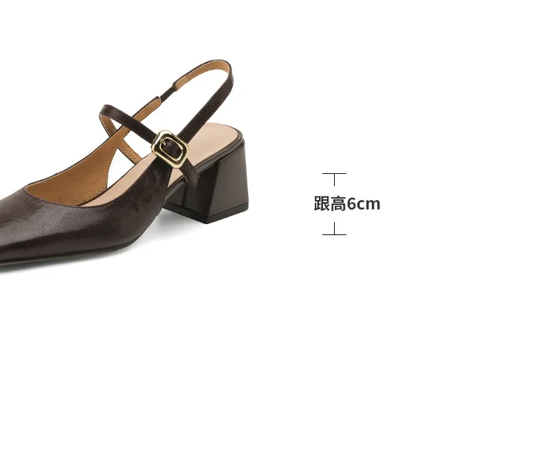 Secret Text Summer High-Heeled Top-Grain Cowhide Closed Toe Open Back Single Buckle Retro Sandals