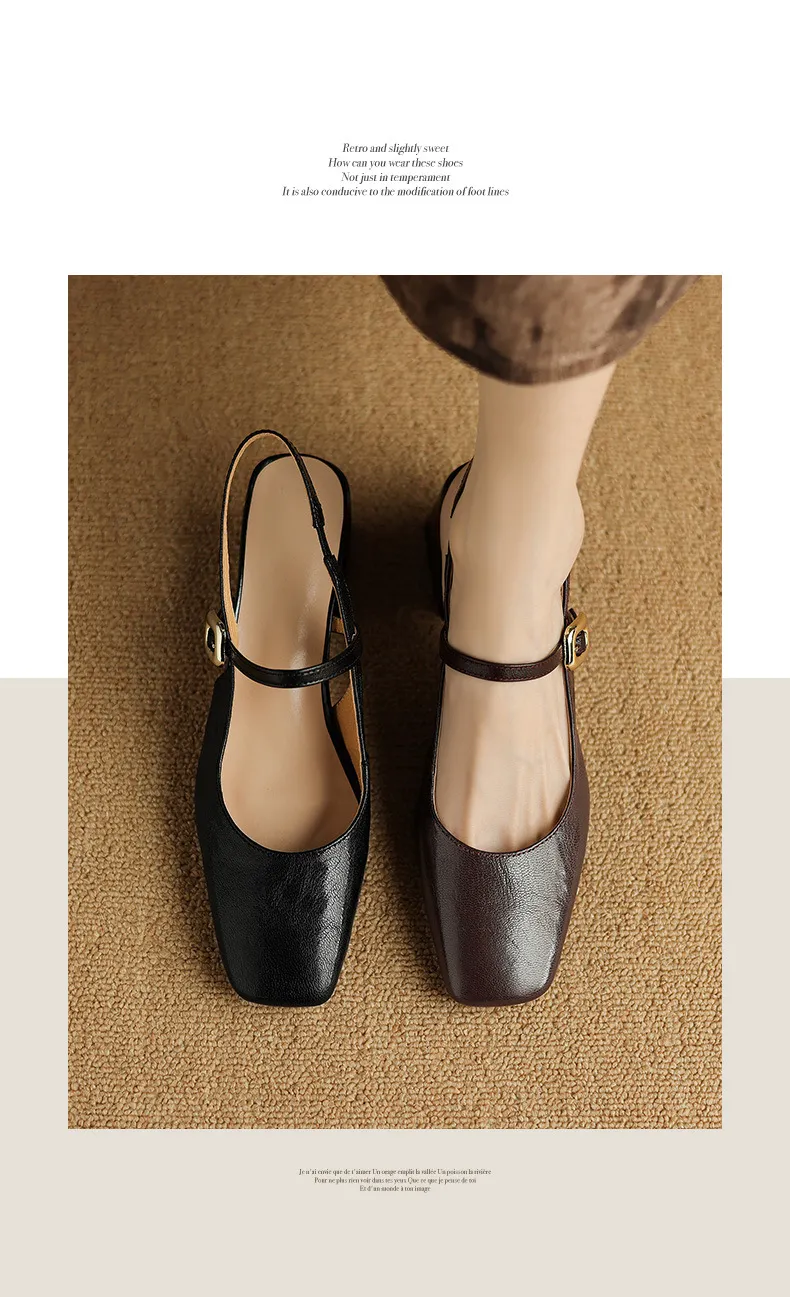 Secret Text Summer High-Heeled Top-Grain Cowhide Closed Toe Open Back Single Buckle Retro Sandals