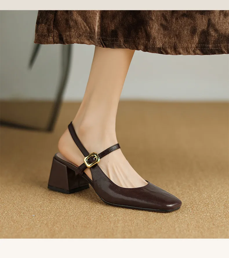 Secret Text Summer High-Heeled Top-Grain Cowhide Closed Toe Open Back Single Buckle Retro Sandals