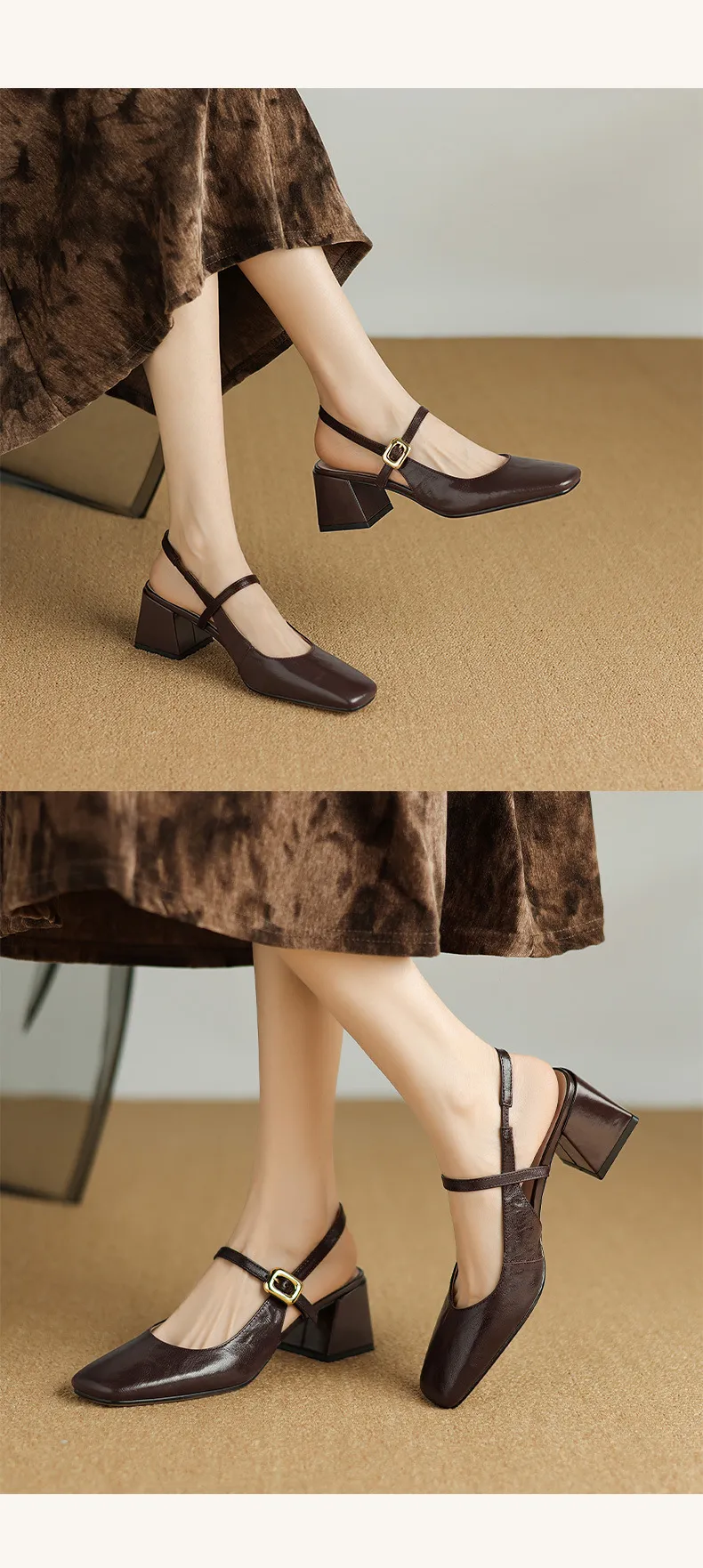 Secret Text Summer High-Heeled Top-Grain Cowhide Closed Toe Open Back Single Buckle Retro Sandals