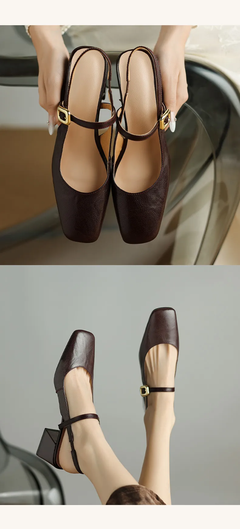 Secret Text Summer High-Heeled Top-Grain Cowhide Closed Toe Open Back Single Buckle Retro Sandals