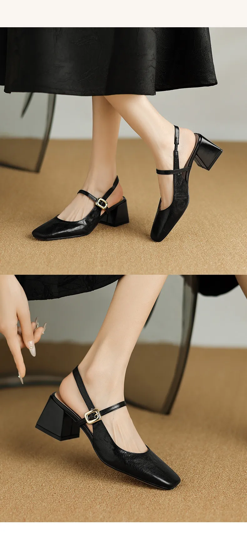 Secret Text Summer High-Heeled Top-Grain Cowhide Closed Toe Open Back Single Buckle Retro Sandals