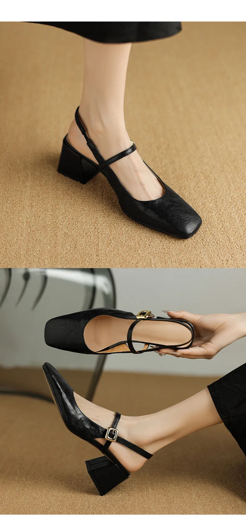 Secret Text Summer High-Heeled Top-Grain Cowhide Closed Toe Open Back Single Buckle Retro Sandals