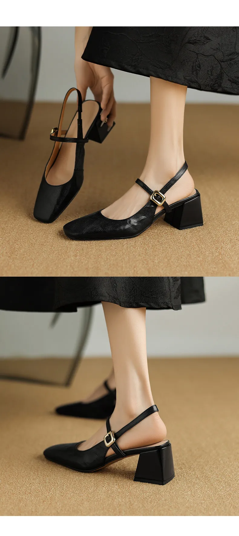 Secret Text Summer High-Heeled Top-Grain Cowhide Closed Toe Open Back Single Buckle Retro Sandals