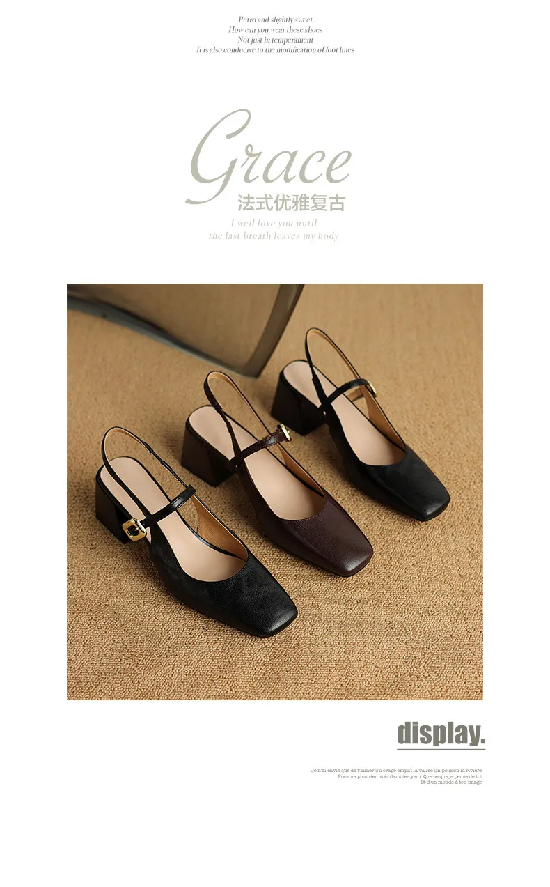 Secret Text Summer High-Heeled Top-Grain Cowhide Closed Toe Open Back Single Buckle Retro Sandals