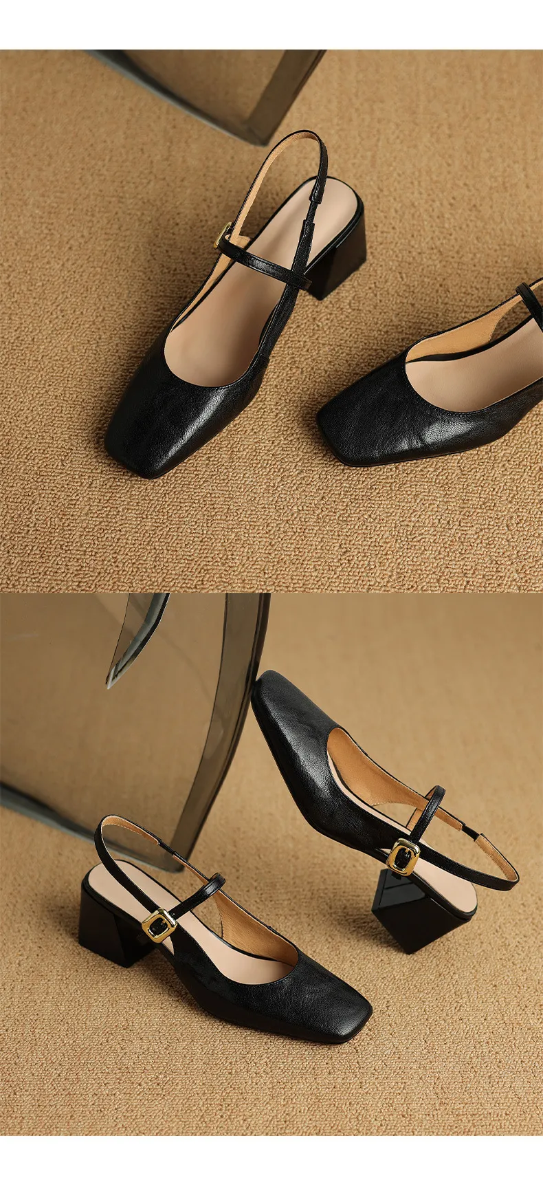 Secret Text Summer High-Heeled Top-Grain Cowhide Closed Toe Open Back Single Buckle Retro Sandals