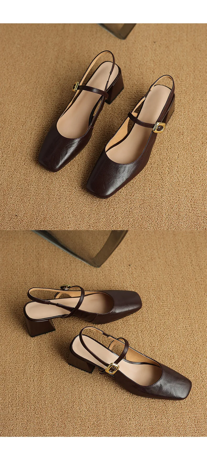 Secret Text Summer High-Heeled Top-Grain Cowhide Closed Toe Open Back Single Buckle Retro Sandals