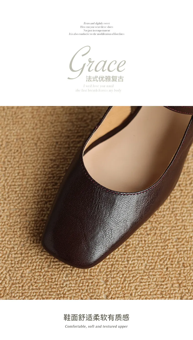 Secret Text Summer High-Heeled Top-Grain Cowhide Closed Toe Open Back Single Buckle Retro Sandals