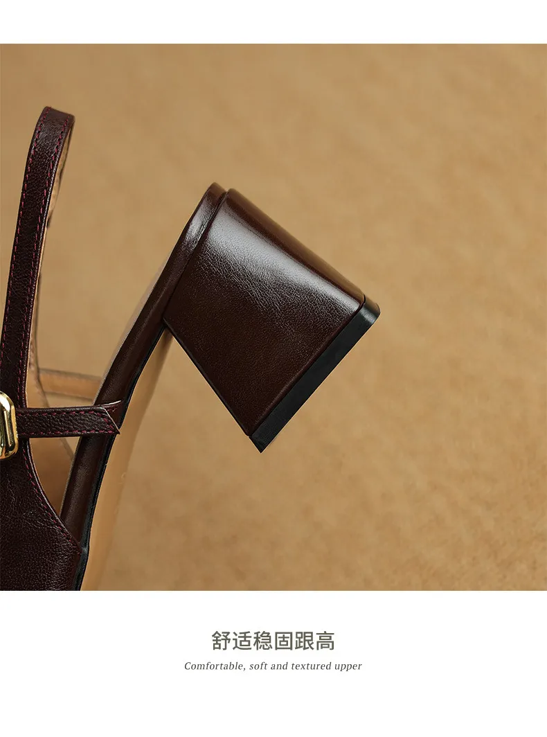 Secret Text Summer High-Heeled Top-Grain Cowhide Closed Toe Open Back Single Buckle Retro Sandals