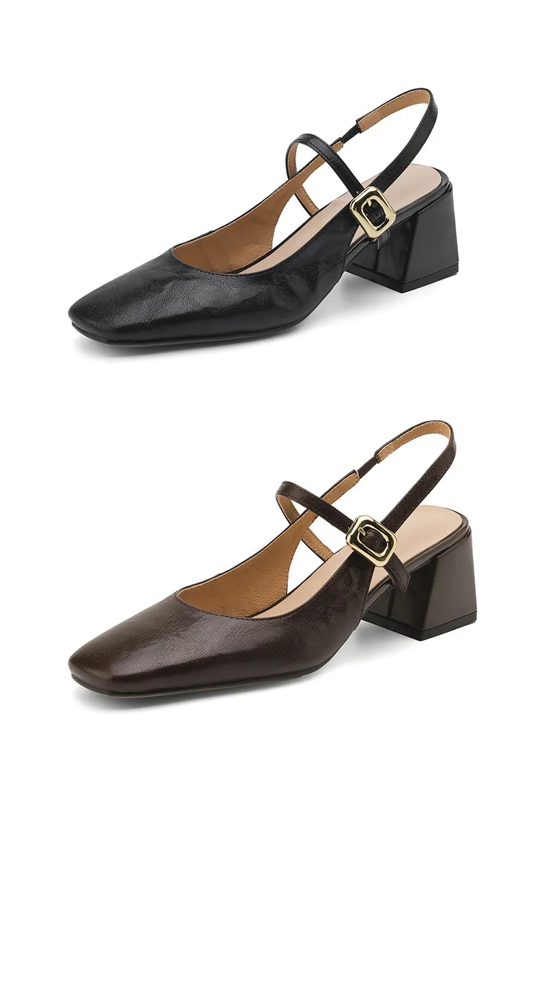 Secret Text Summer High-Heeled Top-Grain Cowhide Closed Toe Open Back Single Buckle Retro Sandals