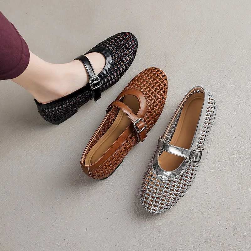 Woven women's shoes with one-strap openwork dance shoes, fashionable sandals, flat ballet flats