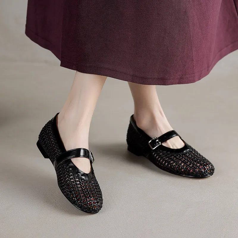 Woven women's shoes with one-strap openwork dance shoes, fashionable sandals, flat ballet flats
