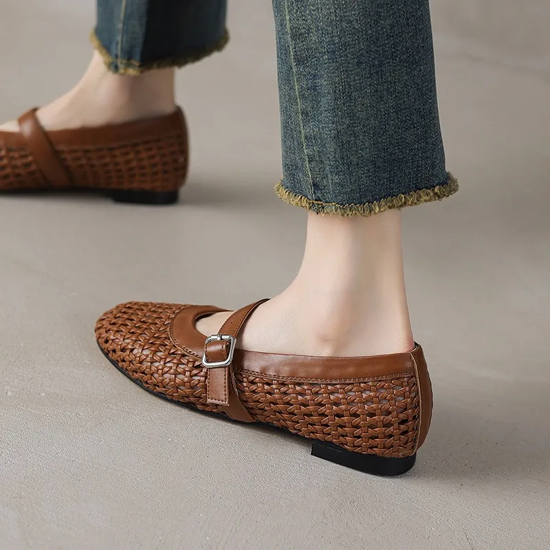 Woven women's shoes with one-strap openwork dance shoes, fashionable sandals, flat ballet flats
