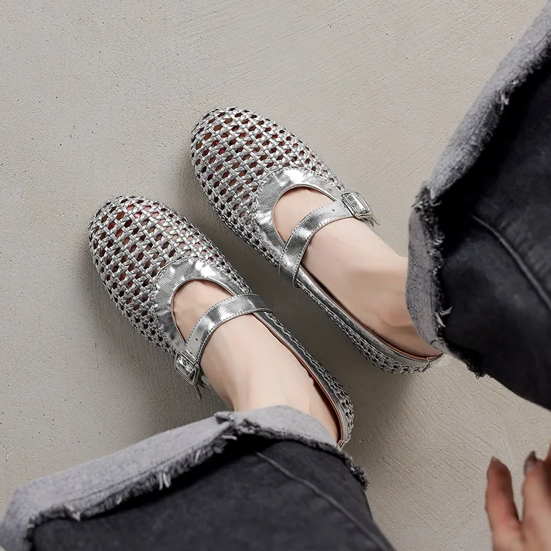 Woven women's shoes with one-strap openwork dance shoes, fashionable sandals, flat ballet flats