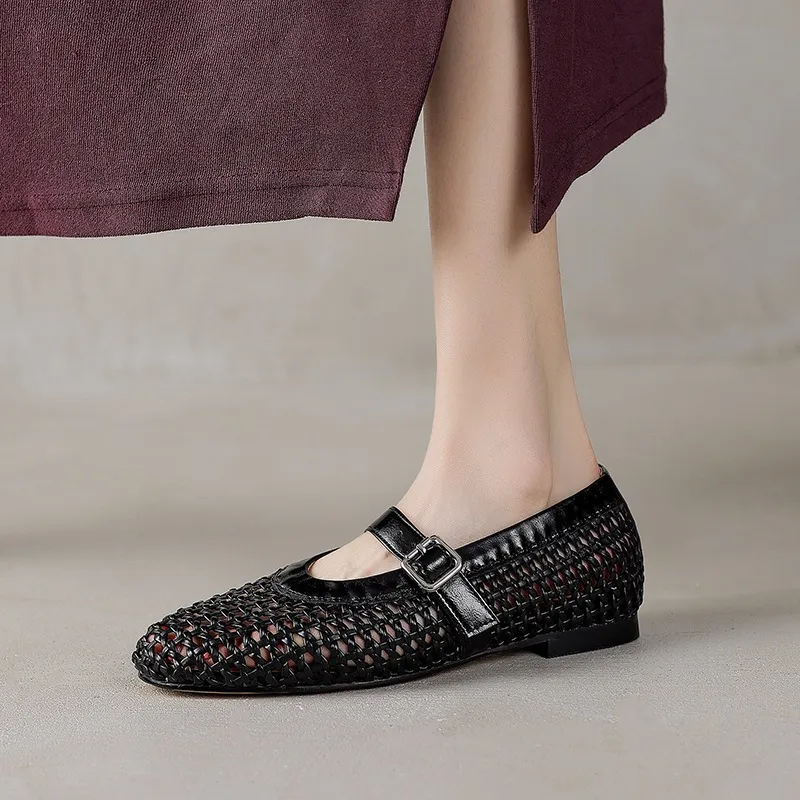 Woven women's shoes with one-strap openwork dance shoes, fashionable sandals, flat ballet flats