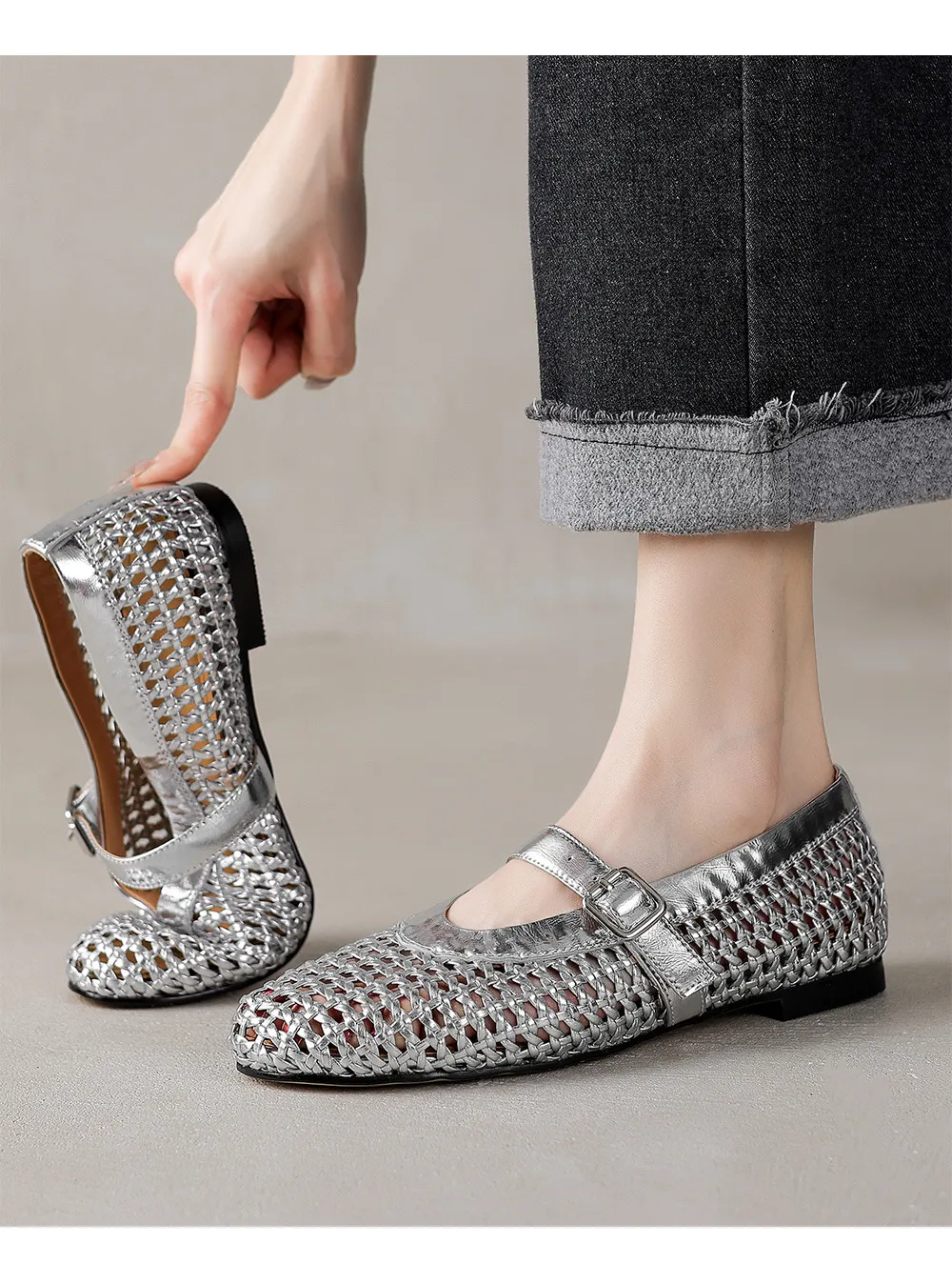 Woven women's shoes with one-strap openwork dance shoes, fashionable sandals, flat ballet flats
