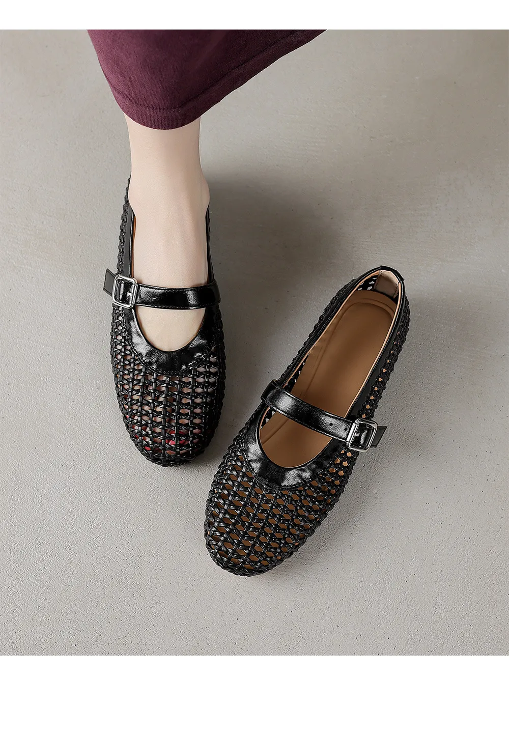 Woven women's shoes with one-strap openwork dance shoes, fashionable sandals, flat ballet flats
