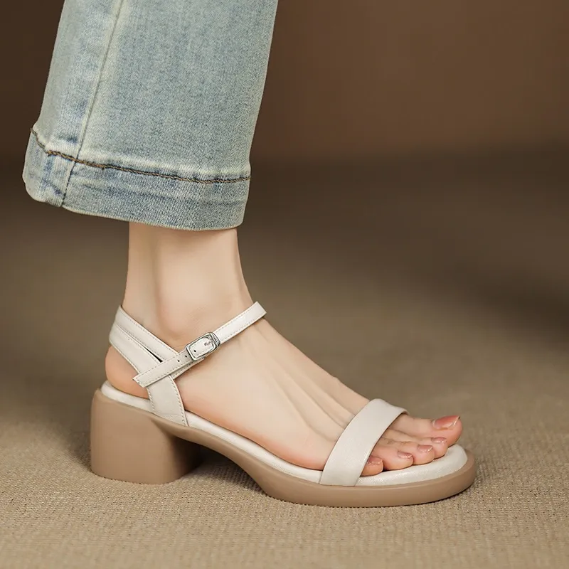 Spring/Summer Round Toe Sandals Chunky Heel High Heel Buckle Lambskin Fashion Women's Shoes