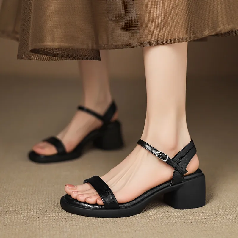 Spring/Summer Round Toe Sandals Chunky Heel High Heel Buckle Lambskin Fashion Women's Shoes