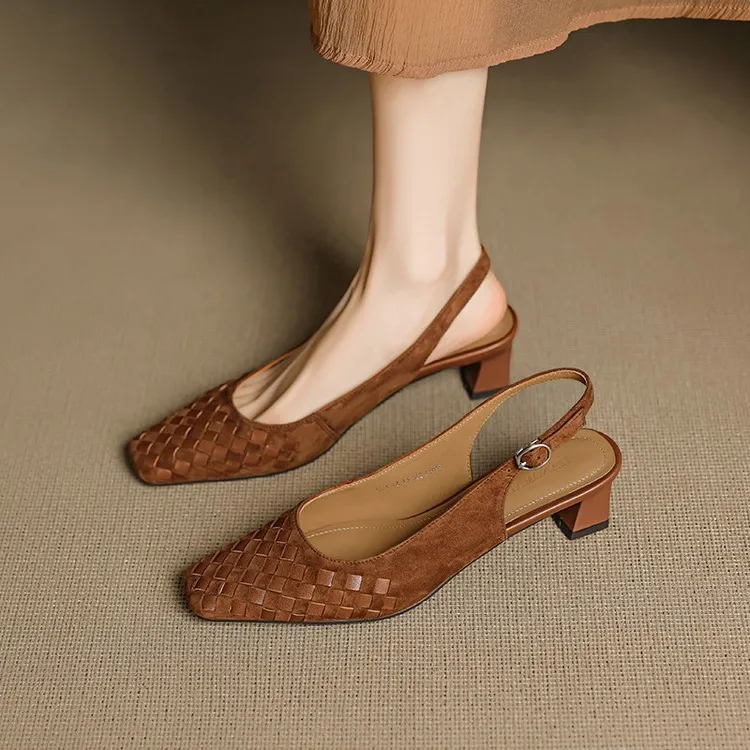 Spring/Summer Square-Toe Sandals with Chunky Heels, High Heels, Closed Toe, Buckle, Open Back Fashion Women's Shoes