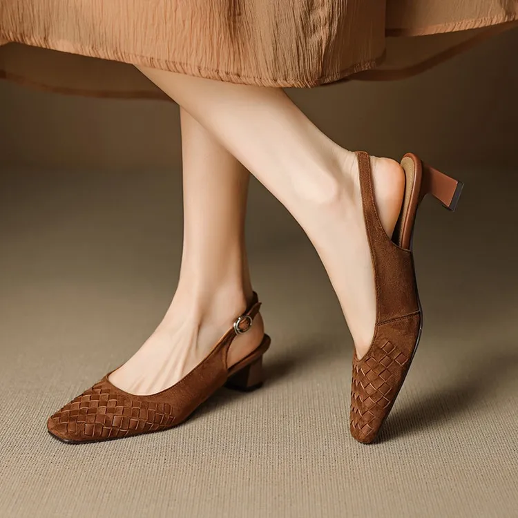 Spring/Summer Square-Toe Sandals with Chunky Heels, High Heels, Closed Toe, Buckle, Open Back Fashion Women's Shoes