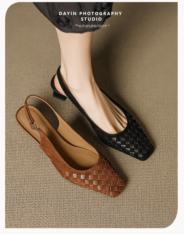 Spring/Summer Square-Toe Sandals with Chunky Heels, High Heels, Closed Toe, Buckle, Open Back Fashion Women's Shoes