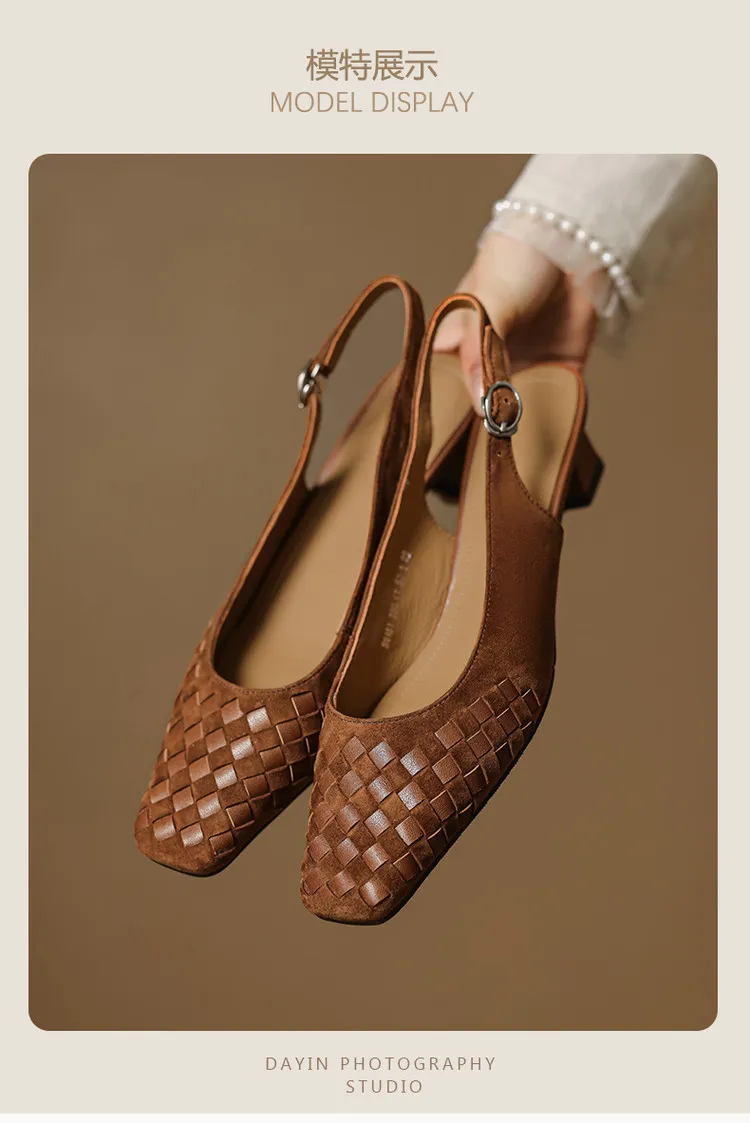 Spring/Summer Square-Toe Sandals with Chunky Heels, High Heels, Closed Toe, Buckle, Open Back Fashion Women's Shoes