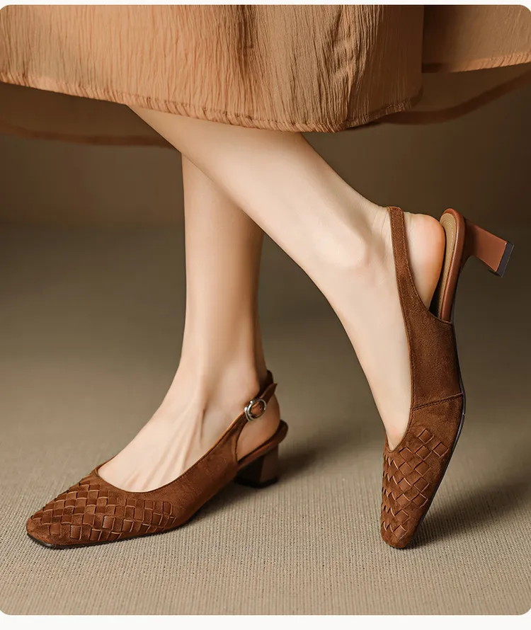 Spring/Summer Square-Toe Sandals with Chunky Heels, High Heels, Closed Toe, Buckle, Open Back Fashion Women's Shoes