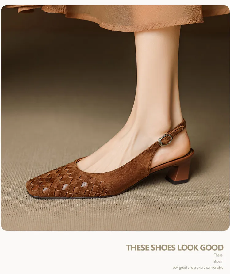 Spring/Summer Square-Toe Sandals with Chunky Heels, High Heels, Closed Toe, Buckle, Open Back Fashion Women's Shoes