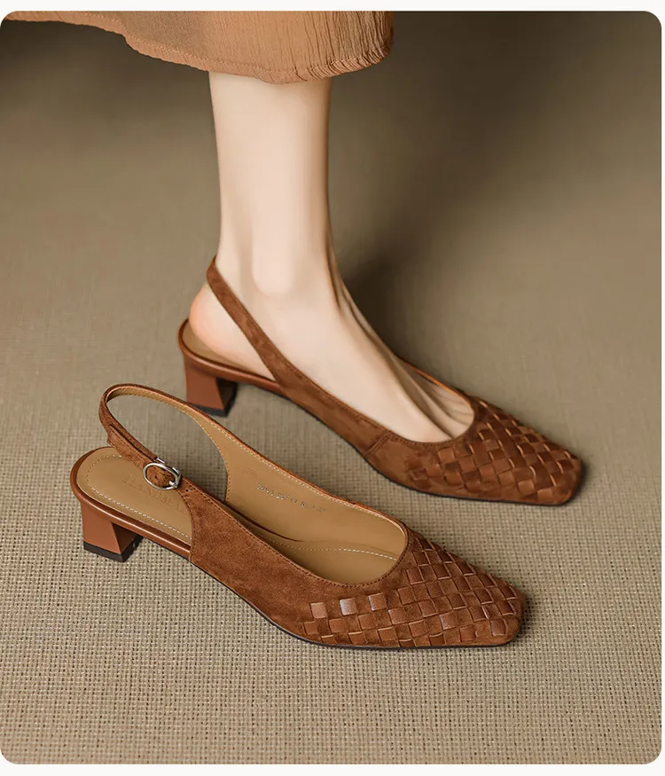 Spring/Summer Square-Toe Sandals with Chunky Heels, High Heels, Closed Toe, Buckle, Open Back Fashion Women's Shoes