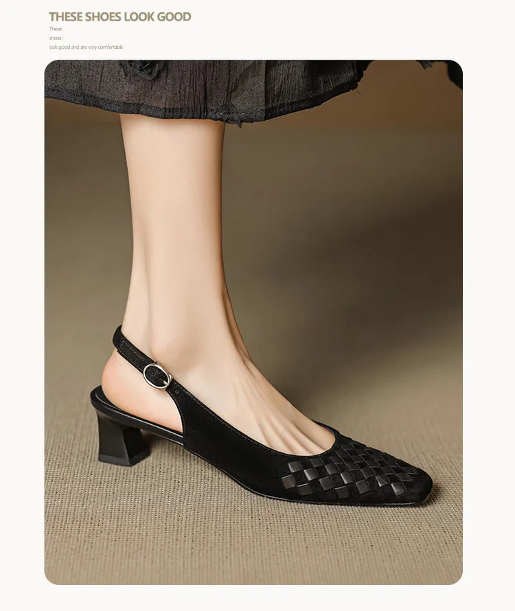 Spring/Summer Square-Toe Sandals with Chunky Heels, High Heels, Closed Toe, Buckle, Open Back Fashion Women's Shoes