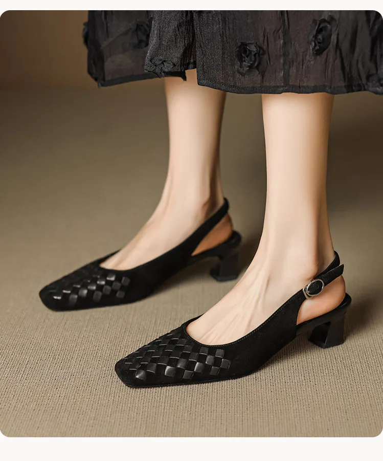 Spring/Summer Square-Toe Sandals with Chunky Heels, High Heels, Closed Toe, Buckle, Open Back Fashion Women's Shoes