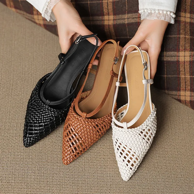 Spring/Summer Sandals Pointed Toe Low Heel Chunky Heel Open Back Woven Hollow Out Women's Shoes